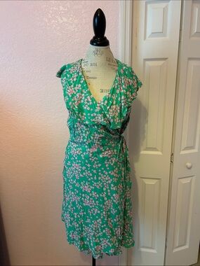 Draper James Green Wrap Midi Dress with Pink Floral Print
